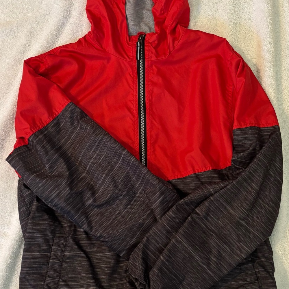 Boy’s Red and Gray Hooded Rain Jacket